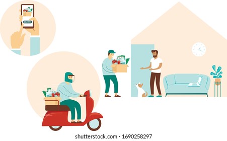 Grocery delivery at home: Ordering in mobile app. Courier  riding with full box of goods on a scooter . Order food online. Flat vector concept for delivery during quarantine. Self isolation 
