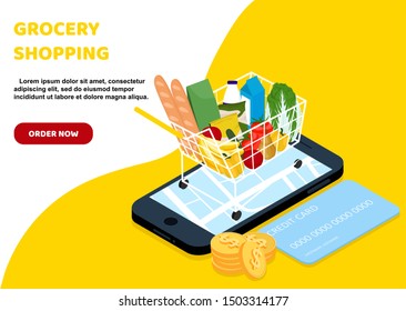 Grocery delivery at home and smartphone app: Order food, grocery online from app by smart phone. Flat isometric vector illustration.