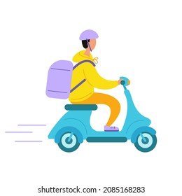 A grocery delivery man with a backpack rides a scooter. Vector stock illustration in flat style. 