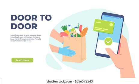 Grocery delivery. Online order from supermarket. Courier hand in gloves holds paper bag with food. Quarantine safe delivering vector concept. Illustration supermarket delivery service, grocery online