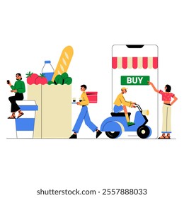 Grocery Delivery And Online Shopping In Flat Vector Illustration Symbolizing E-Commerce, Convenience, And Digital Retail, Isolated On White Background