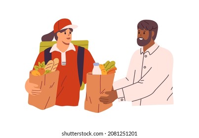 Grocery delivery. Person receiving delivered goods from shop. Courier and customer with paper bags. Deliveryman giving food products in packages. Flat vector illustration isolated on white background