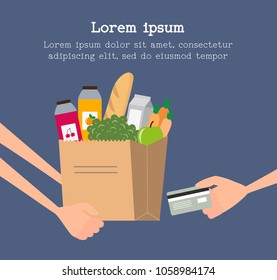 Grocery delivery service concept with paper bag full of food.  Vector illustration.
