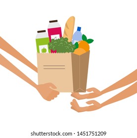 Grocery delivery service concept with paper bag full of food.  Vector illustration.
