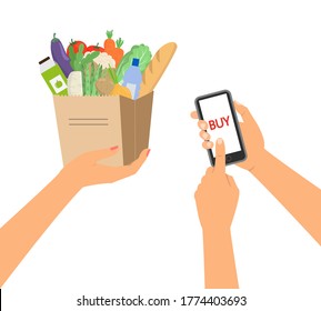 Grocery delivery service concept with paper bag full of food. Vector illustration.
