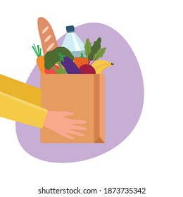 Grocery Delivery Service Concept With Paper Bag Full Of Groceries Products. Hands Hold Paper Grocery Bag Full Of Food. Door To Door. Vector Illustration In Flat Style