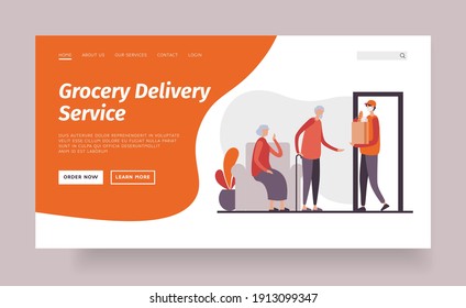 Grocery delivery service. Landing page banner website template. Cartoon characters of elderly man and woman spending time at home and receiving bag of products from worker of delivery service