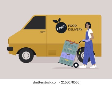 A grocery delivery service, a young female Caucasian character in denim overalls pushing a cart to a yellow van delivering food