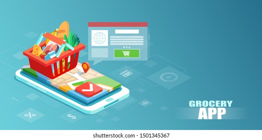 Grocery Delivery And Shopping Via Smartphone App Concept. Isometric Vector Of A Full Basket With Vegetables And Food On A Smartphone Display