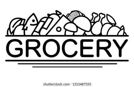 Grocery design with icons of different foods. Can used for banner, logo, label, packaging design. For decor of grocery or farm store.