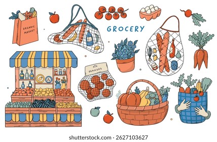 Grocery doodles collcetion, cartoon elements of paper bags, stalls, vegetables and fruits for posters, banners, cards, invitations, stickers, prints, etc. EPS 10