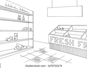 Grocery empty shelf interior store shop black white graphic sketch illustration vector
