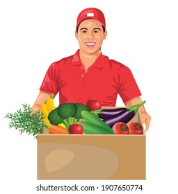 grocery express delivery boy holding cardboard box with fruits and vegetables. Vector flat illustration. Young man in a red T-shirt and uniform cap.online delivery Concept	