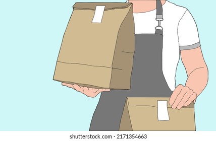 Grocery express delivery boy holding paper package with vegetables. Vector flat illustration. Courier wearing a mask and gloves in a red T-shirt and uniform cap.