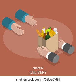 Grocery fast delivery flat isometric low poly vector concept. Hands of courier give a paper package with groceries to the customer hands.