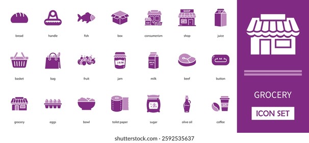 Grocery flat vector icon set. with fruits, olive oil, sugar, beef, eggs, grocery, handle and more  vector illustration  