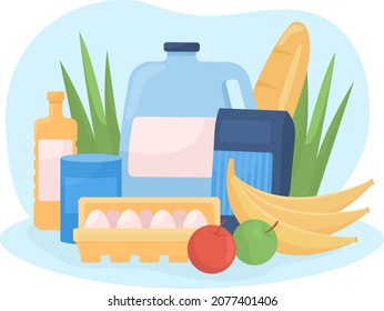 Grocery food 2D vector isolated illustration. Vegetables and eggs in container. Products from supermarket flat composition on cartoon background. Retail and commerce colourful scene