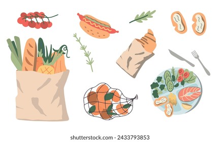 Grocery food basket collection. Eco shopping bags and baskets with food. Vector supermarket illustration