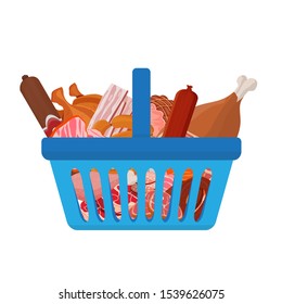 Grocery food basket different meat goods such as roast chicken and prime rib, sausage, salami and ham, sirlon, bacon, sucuk and smoked meat, turkey and t-bone steak. Vector illustration.