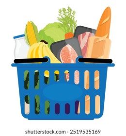 Grocery food basket isolated on white background. Supermarket basket. Food basket with milk, bread, fruits, vegetables and meat. Vector illustration