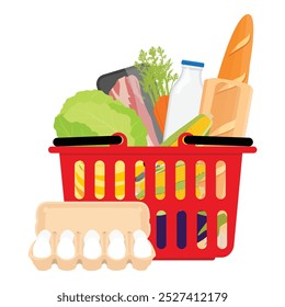 Grocery food basket isolated on white background. Supermarket basket. Food basket with milk, bread, fruits, vegetables and meat. Vector illustration