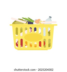 Grocery food basket. Shopping basket with food. Vector supermarket illustration
