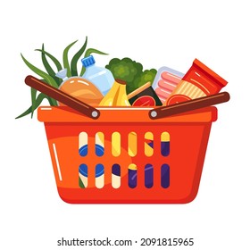 Grocery food basket vector flat illustration. Plastic supermarket cart with handles full of fresh products eat drink isolated. Commercial retail meal, vegetables, fruits, juice, water, semifinished