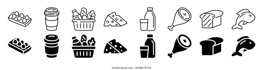Grocery food and beverage icon set. Linear and silhouette style.