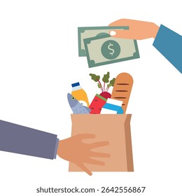 Grocery food cash on delivery concept. Close up of hand receiving grocery bag from delivery man and paying cash money. Online ordering grocery food.Paper shopping bag full of groceries products vector