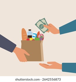 Grocery food cash on delivery concept. Close up of hand receiving grocery bag from delivery man and paying cash money. Online ordering grocery food.Paper shopping bag full of groceries products vector