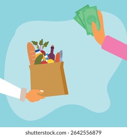 Grocery food cash on delivery concept. Close up of hand receiving grocery bag from delivery man and paying cash money. Online ordering grocery food.Paper shopping bag full of groceries products vector