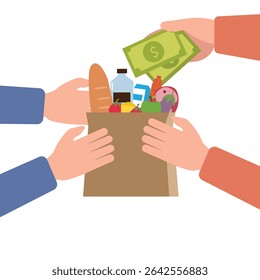 Grocery food cash on delivery concept. Close up of hand receiving grocery bag from delivery man and paying cash money. Online ordering grocery food.Paper shopping bag full of groceries products vector