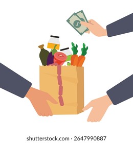 Grocery food cash on delivery concept. Close up of hand receiving grocery bag from delivery man and paying cash money. Online ordering grocery food.Paper shopping bag full of groceries products vector