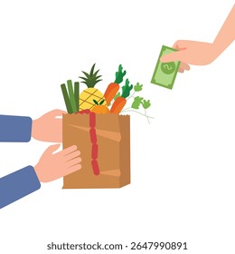 Grocery food cash on delivery concept. Close up of hand receiving grocery bag from delivery man and paying cash money. Online ordering grocery food.Paper shopping bag full of groceries products vector