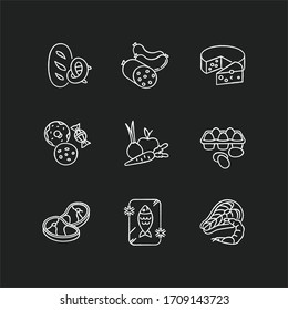 Grocery food chalk white icons set on black background. Bread loaf, fresh baked goods. Meat sausages. Candy and cookies. Fresh vegetables, organic fruits. Isolated vector chalkboard illustrations