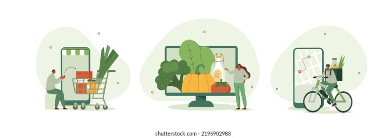 Grocery food delivery illustration set. Character buying online fresh organic vegetables and grocery items, putting in shopping basket or trolley and receiving delivery. Vector illustration.