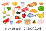 Grocery food and drink cartoon set. Meat and fish slices, fresh organic fruit and vegetables, milk and yogurt bottles for healthy nutrition. Cartoon food products for cooking meal vector illustration