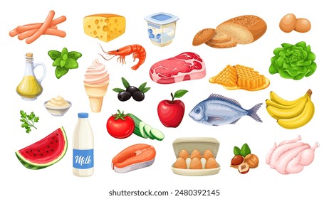 Grocery food and drink cartoon set. Meat and fish slices, fresh organic fruit and vegetables, milk and yogurt bottles for healthy nutrition. Cartoon food products for cooking meal vector illustration