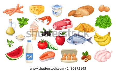 Grocery food and drink cartoon set. Meat and fish slices, fresh organic fruit and vegetables, milk and yogurt bottles for healthy nutrition. Cartoon food products for cooking meal vector illustration