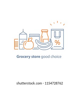 Grocery food and drink, pile of products, consumption concept, retail store loyalty program, shopping bag, supply and demand, food choice abundance, vector line icon, thin stroke