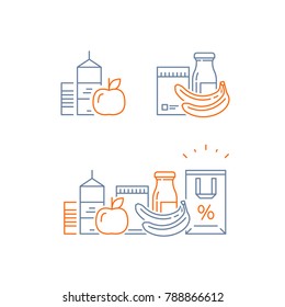 Grocery Food And Drink, Pile Of Products, Consumption Concept, Retail Store Loyalty Program, Shopping Bag, Supply And Demand, Food Choice Abundance, Vector Line Icon, Thin Stroke