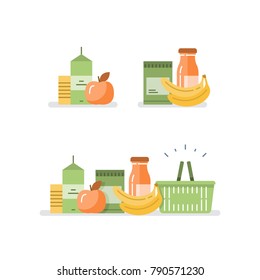 Grocery food and drink, pile of products, consumption concept, retail store loyalty program, supply and demand, food choice abundance, vector flat illustration