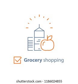 Grocery food and drink, shopping order, consumption concept, retail store products, vector line icon, thin stroke