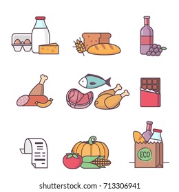 
Grocery food icons. Different supermarket products. Modern flat line style vector illustrations.

