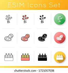 Grocery food icons set. Flower bouquet. Raw meat ingredient for cooking steak. Beer bottles in package box. Supermarket products. Linear, black and RGB color styles. Isolated vector illustrations
