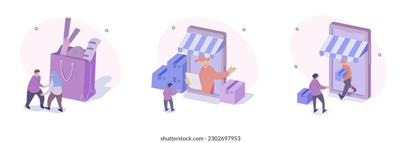 Grocery food illustration set. Character buying online Fresh organic vegetables and other groceries, paying for an order and receiving delivery. Online supermarket concept. Vector illustration.