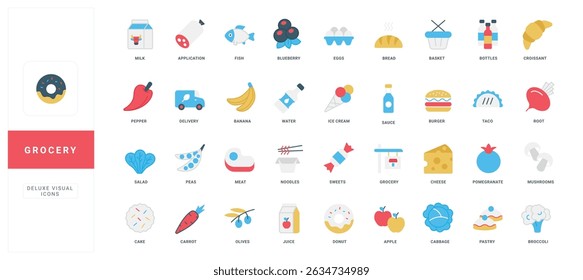 Grocery food ingredients for cooking, organic vitamin fruit and vegetables, meat, cheese color icon set. Farm market fresh products, bread, dessert and snack for breakfast flat vector illustration