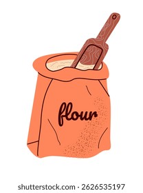 Grocery food packaging colorful bag of flour with on white background. Bag of flour and wheat. Bread making ingredients.