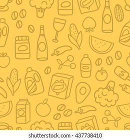 Grocery food and products seamless pattern. Cute cartoon hand drawn tile background. Vector image for your fabric textile, wrapping paper. Fruits, vegetables, household chemicals, washing powder...