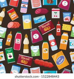 Grocery food seamless pattern - colorful background made of juice bottles, cookie boxes, canned goods, jam jars. Flat cartoon vector illustration.